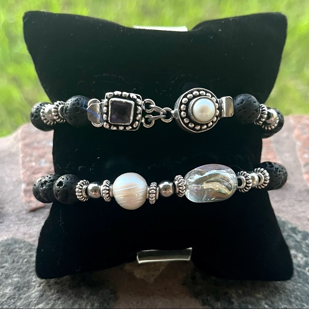 Genuine Gemstones bracelets set amethyst , pearl &  aura crystal + lava rock - Picture 2 of 16
